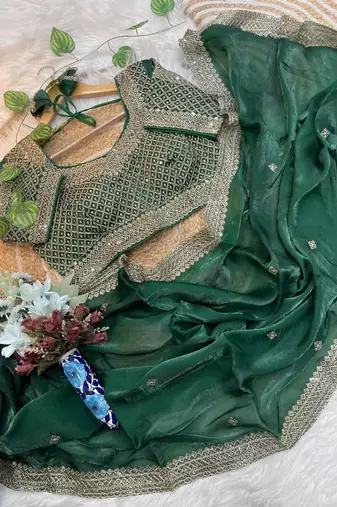 Green Color embroidery sequence work Silk Blend Saree