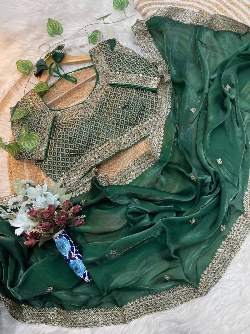 Green Color embroidery sequence work Silk Blend Saree