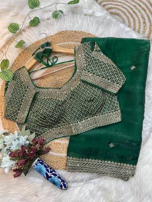 Green Color embroidery sequence work Silk Blend Saree 4