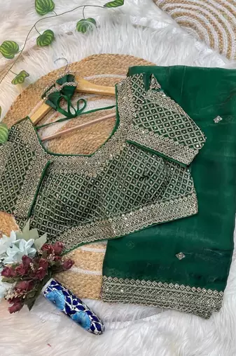 Green Color embroidery sequence work Silk Blend Saree