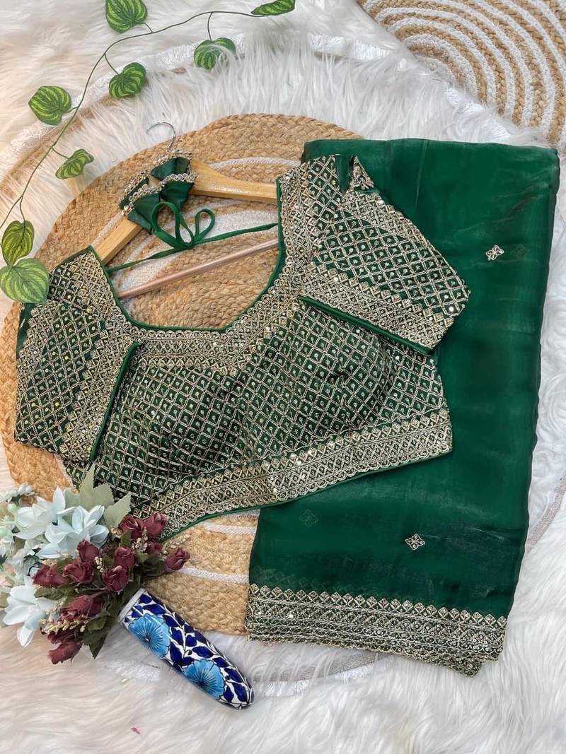Green Color embroidery sequence work Silk Blend Saree
