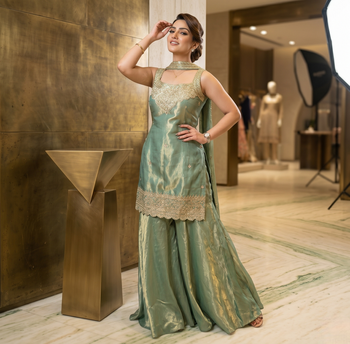 Elegant sea green silk kurta palazzo set with embroidery 2