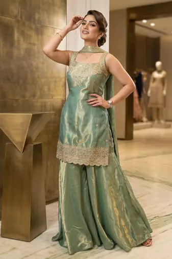 Elegant sea green silk kurta palazzo set with embroidery