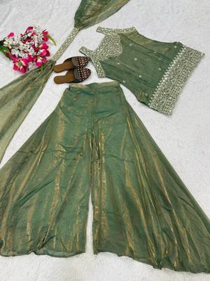 Elegant sea green silk kurta palazzo set with embroidery 3