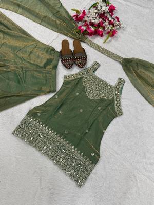 Elegant sea green silk kurta palazzo set with embroidery 4