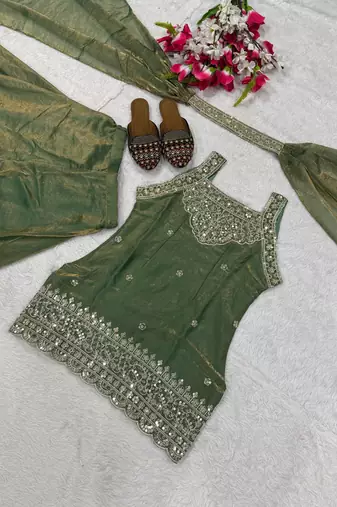 Elegant sea green silk kurta palazzo set with embroidery