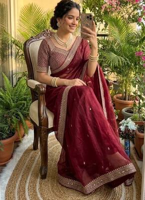 Maroon Color embroidery sequence work Silk Blend Saree 1