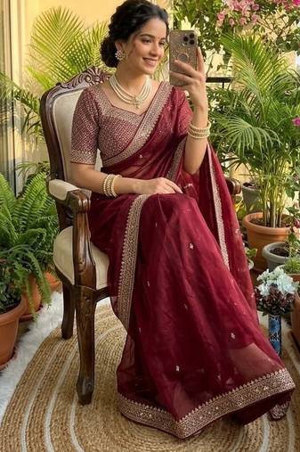 Maroon Color embroidery sequence work Silk Blend Saree
