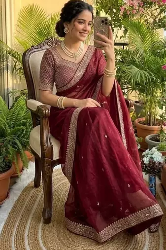Maroon Color embroidery sequence work Silk Blend Saree