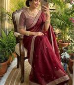 Maroon Color embroidery sequence work Silk Blend Saree