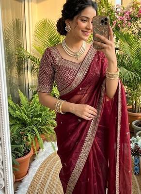 Maroon Color embroidery sequence work Silk Blend Saree 2