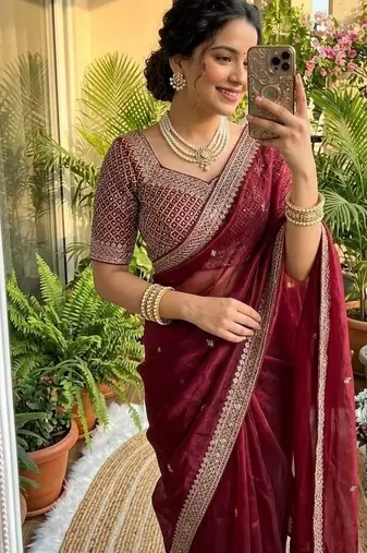 Maroon Color embroidery sequence work Silk Blend Saree