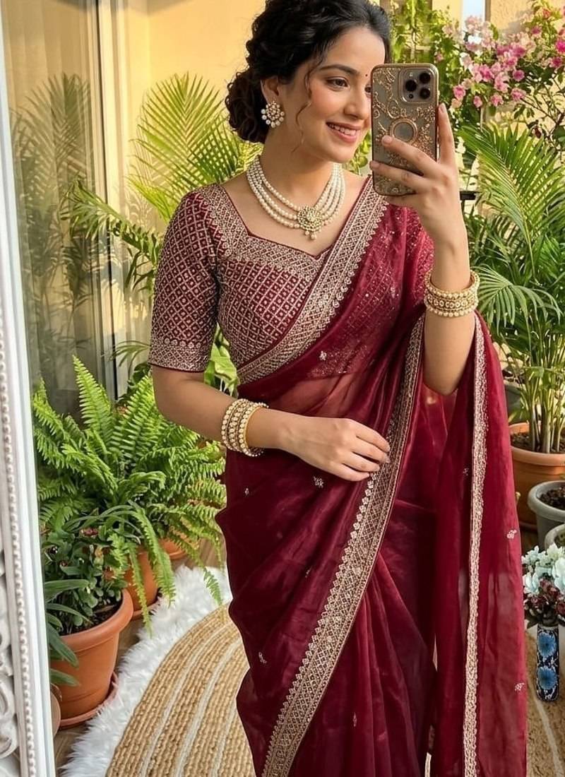 Maroon Color embroidery sequence work Silk Blend Saree