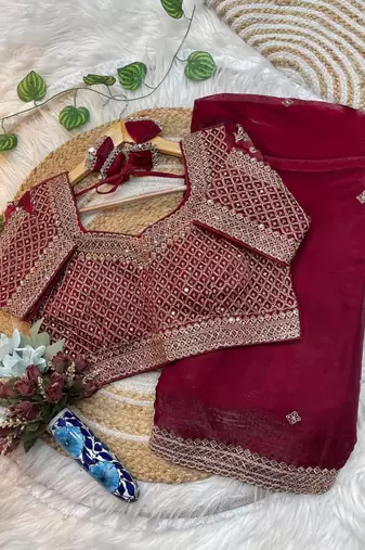 Maroon Color embroidery sequence work Silk Blend Saree