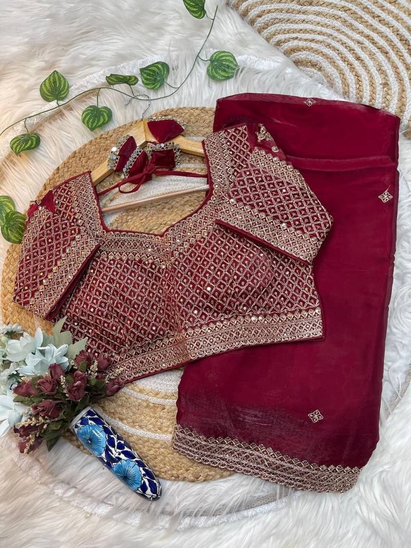 Maroon Color embroidery sequence work Silk Blend Saree