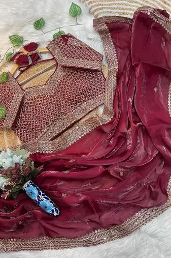 Maroon Color embroidery sequence work Silk Blend Saree