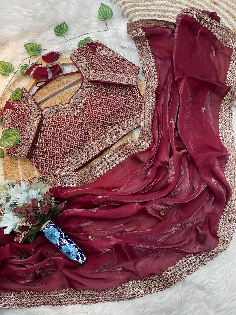 Maroon Color embroidery sequence work Silk Blend Saree