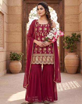 Women   s designer maroon embroidered sharara suit set with dupatta 1