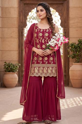 Women’s designer maroon embroidered sharara suit set with dupatta