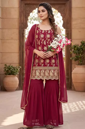Women   s designer maroon embroidered sharara suit set with dupatta