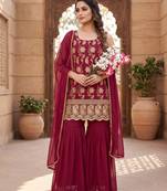 Women’s designer maroon embroidered sharara suit set with dupatta
