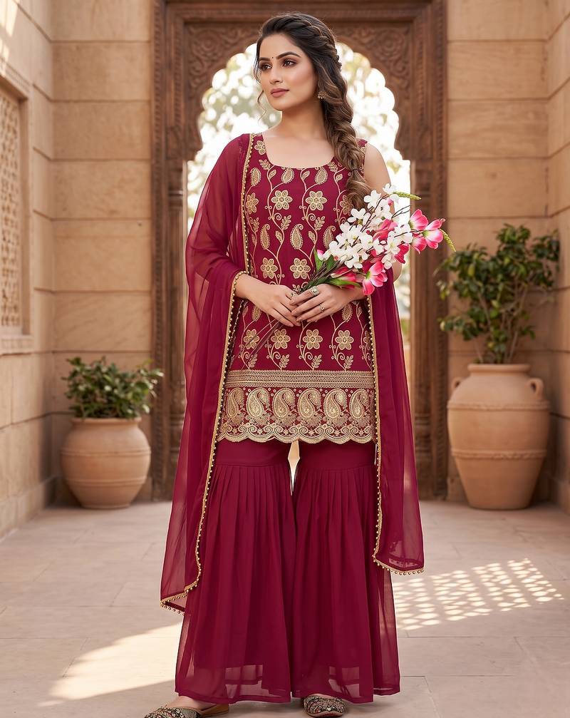 Women’s designer maroon embroidered sharara suit set with dupatta
