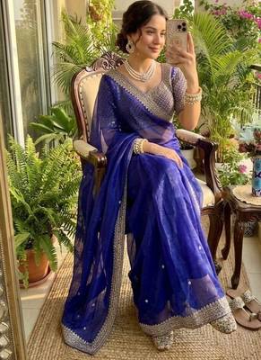 Purple Color embroidery sequence work Silk Blend Saree 1