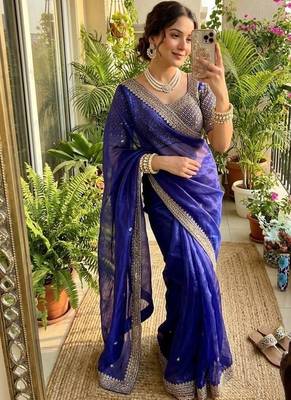 Purple Color embroidery sequence work Silk Blend Saree 2