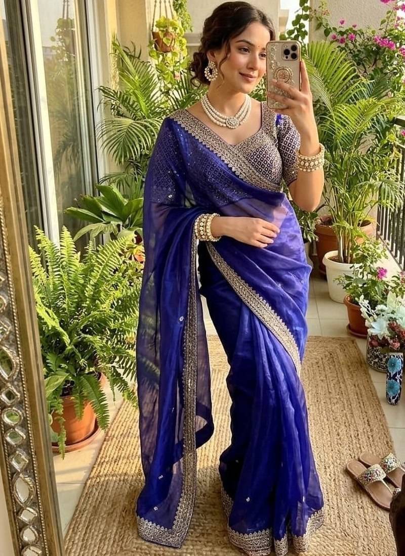Purple Color embroidery sequence work Silk Blend Saree