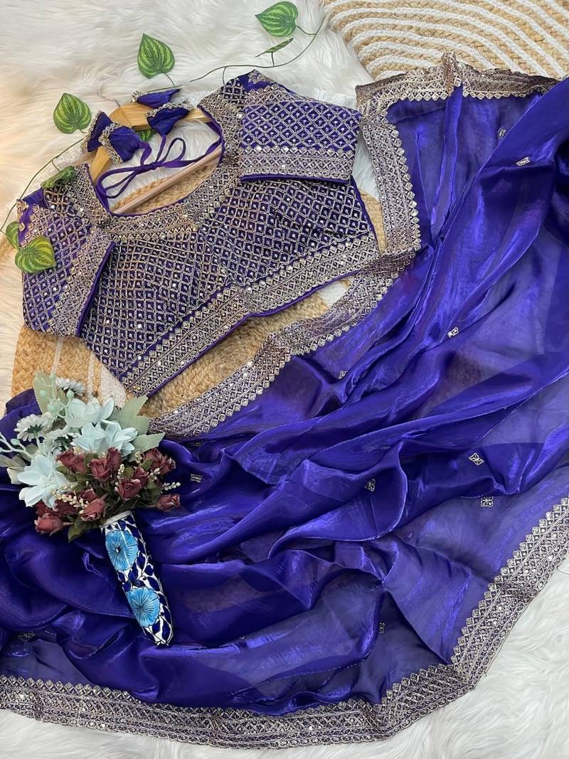 Purple Color embroidery sequence work Silk Blend Saree