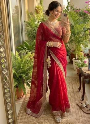Red Color embroidery sequence work Silk Blend Saree 1