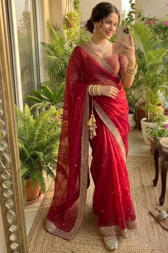 Red Color embroidery sequence work Silk Blend Saree