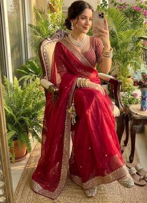 Red Color embroidery sequence work Silk Blend Saree 2