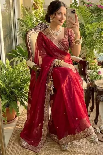 Red Color embroidery sequence work Silk Blend Saree