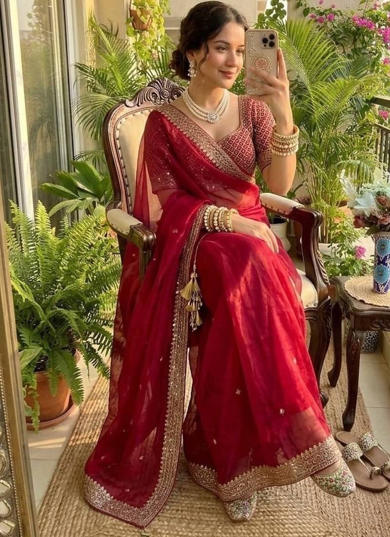 Red Color embroidery sequence work Silk Blend Saree