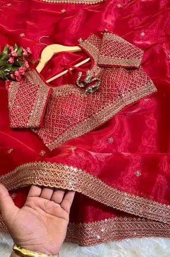Red Color embroidery sequence work Silk Blend Saree