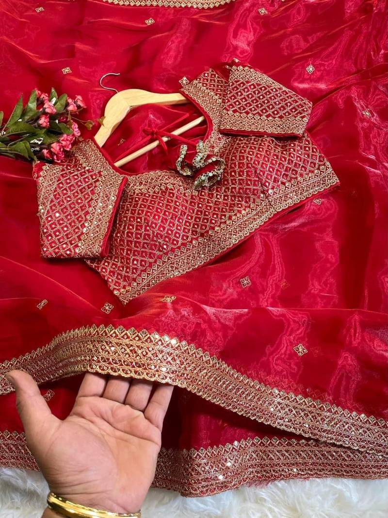 Red Color embroidery sequence work Silk Blend Saree