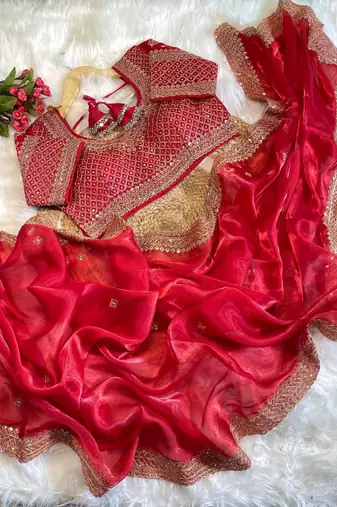 Red Color embroidery sequence work Silk Blend Saree