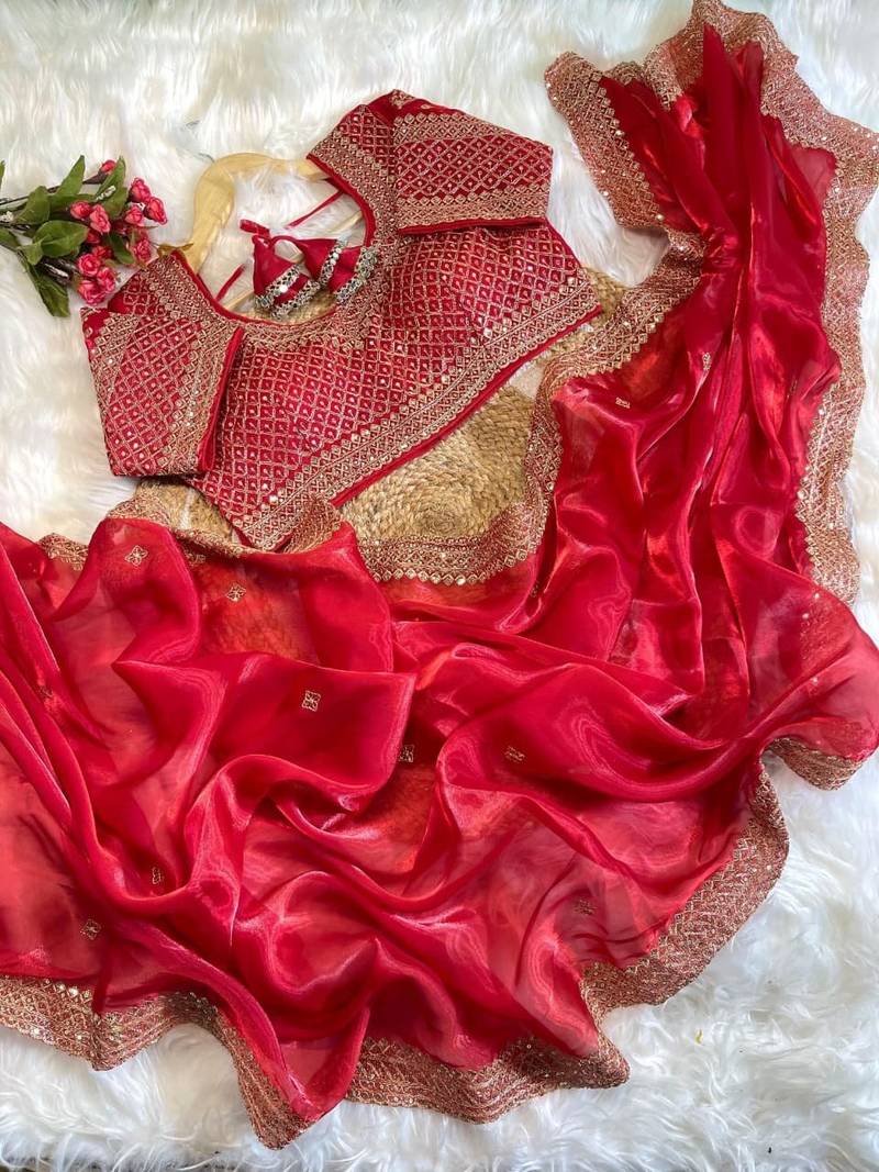 Red Color embroidery sequence work Silk Blend Saree