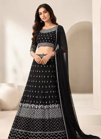 BLACK EMBROIDERED GEORGETTE HIT DEISGN LEHENGA CHOLI WITH DUPATTA