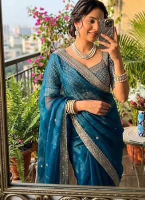 Teal Color embroidery sequence work Silk Blend Saree 1