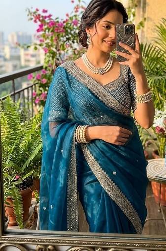 Teal Color embroidery sequence work Silk Blend Saree