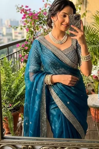 Teal Color embroidery sequence work Silk Blend Saree