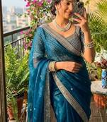 Teal Color embroidery sequence work Silk Blend Saree