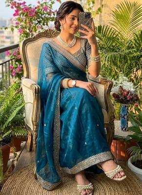 Teal Color embroidery sequence work Silk Blend Saree 2