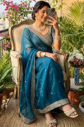 Teal Color embroidery sequence work Silk Blend Saree