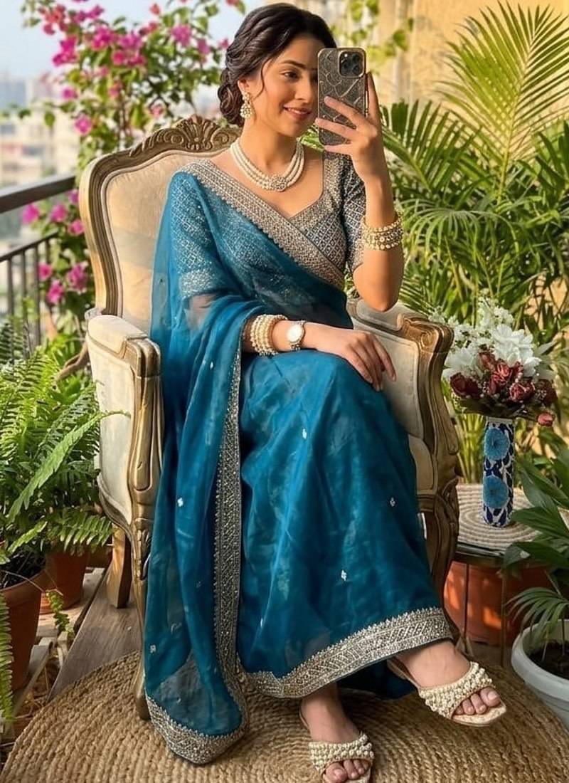 Teal Color embroidery sequence work Silk Blend Saree