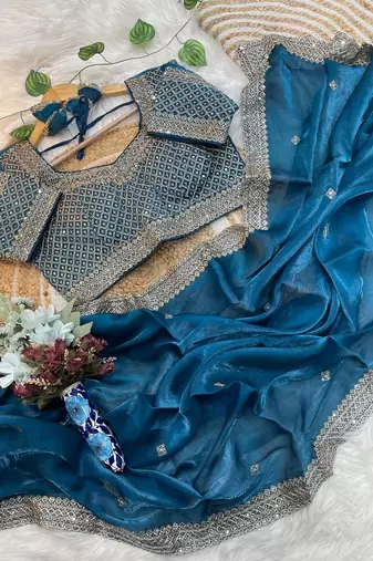 Teal Color embroidery sequence work Silk Blend Saree