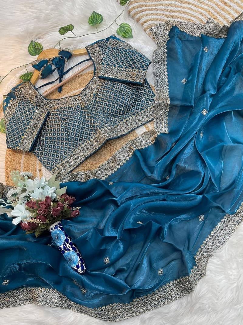 Teal Color embroidery sequence work Silk Blend Saree