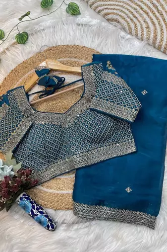 Teal Color embroidery sequence work Silk Blend Saree